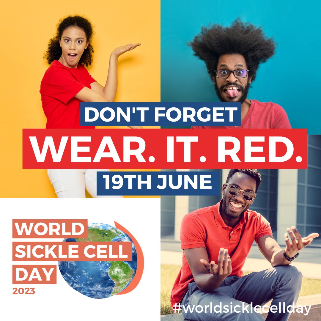 Don't forget to WEAR IT RED on Monday 19th June to mark #WorldSickleCellDay and donate £5 to help us to continue to raise awareness, support and advocate for all anyone with #sicklecell across the UK. sicklecellsociety.org/donate
