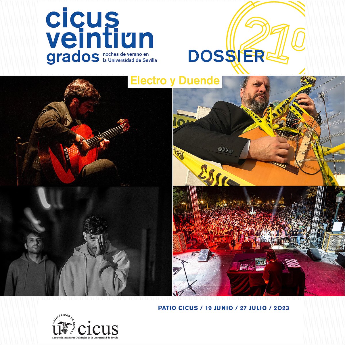 unisevilla's tweet image. 🌚 La primera semana de #21Grados en el patio del @CICUS_ nos propone una fusión flamenca y electrónica

🎧 Ciclo #ElectroyDuende con Manuel Valencia (20 J), Raúl Cantizano y @voluble (21 J), @_RomeroMartin  (22 J) y Dj DelasChuches (23 J) 

➡ cicus.us.es/21grados2023/