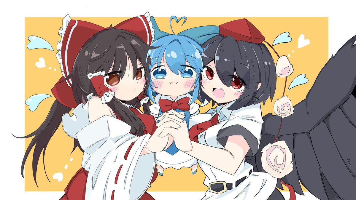 cirno ,hakurei reimu ,shameimaru aya multiple girls tokin hat 3girls wings bow black hair blue hair  illustration images