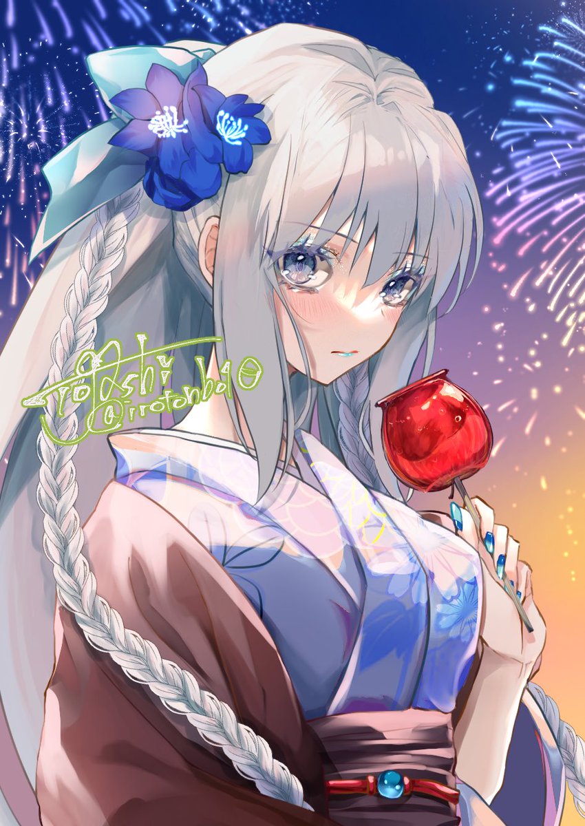 morgan le fay (fate) 1girl food candy apple japanese clothes fireworks kimono braid  illustration images