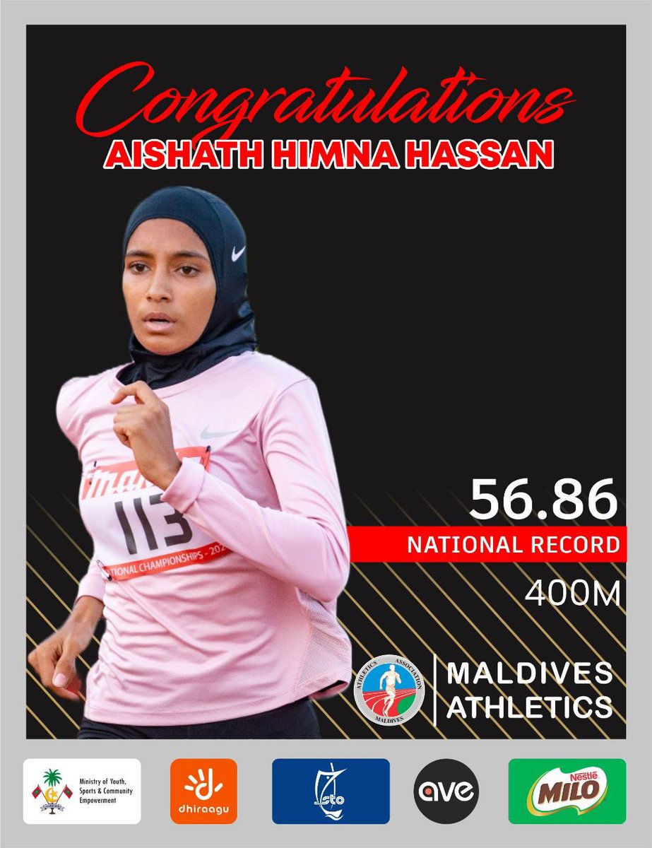 Congratulations <a href="/himnahasan/">Himna</a> on breaking 400m National Record
Himna's 56.86sec beats her own record 57.56sec made at 2022 National Time trial
@MoYSCEmv <a href="/AthleticsMv/">Athletics Association of Maldives</a> <a href="/olympicmv/">Maldives Olympic Committee</a>
