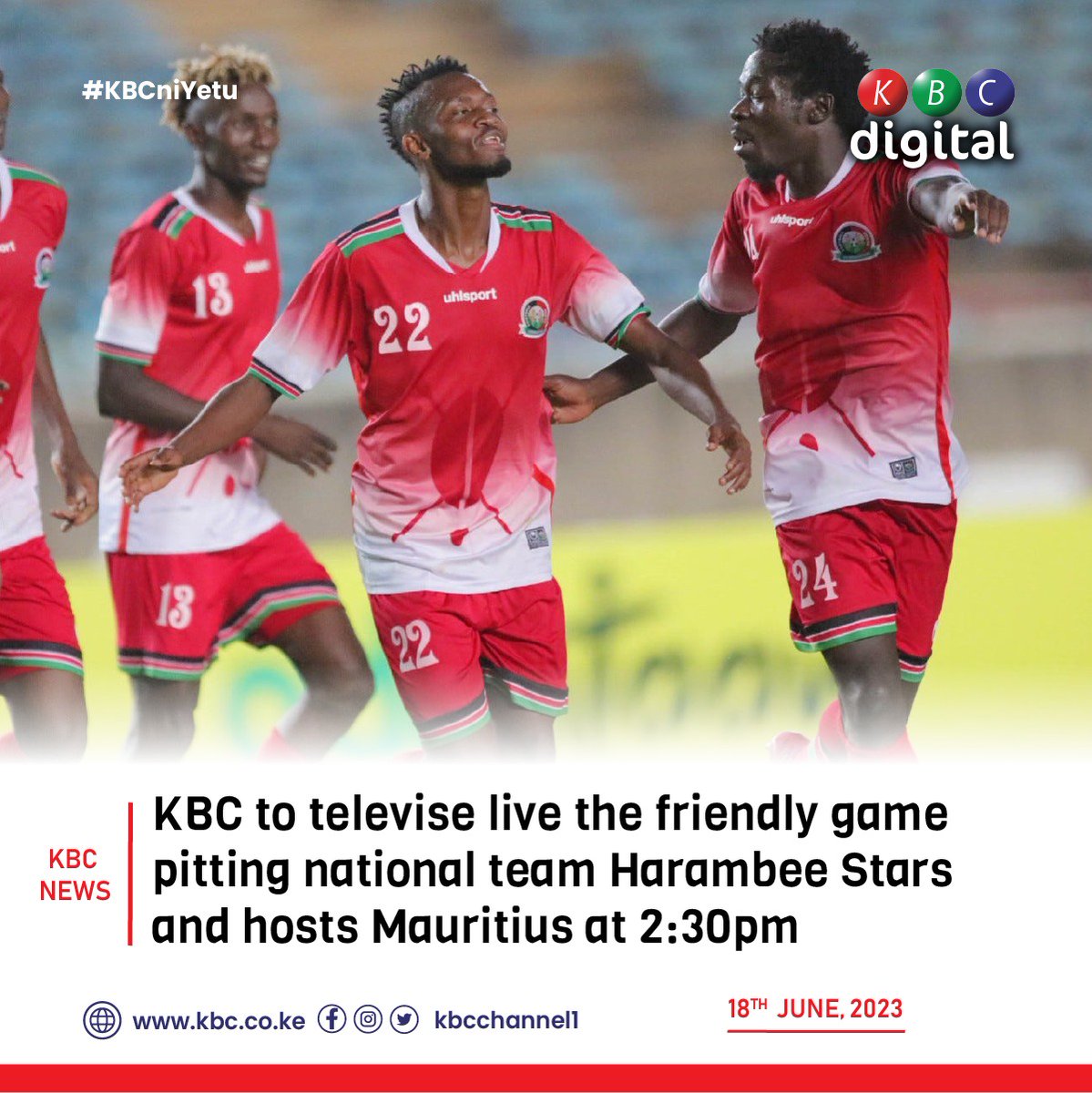 Watch the Mauritius vs Harambee Stars game on KBC Channel One.