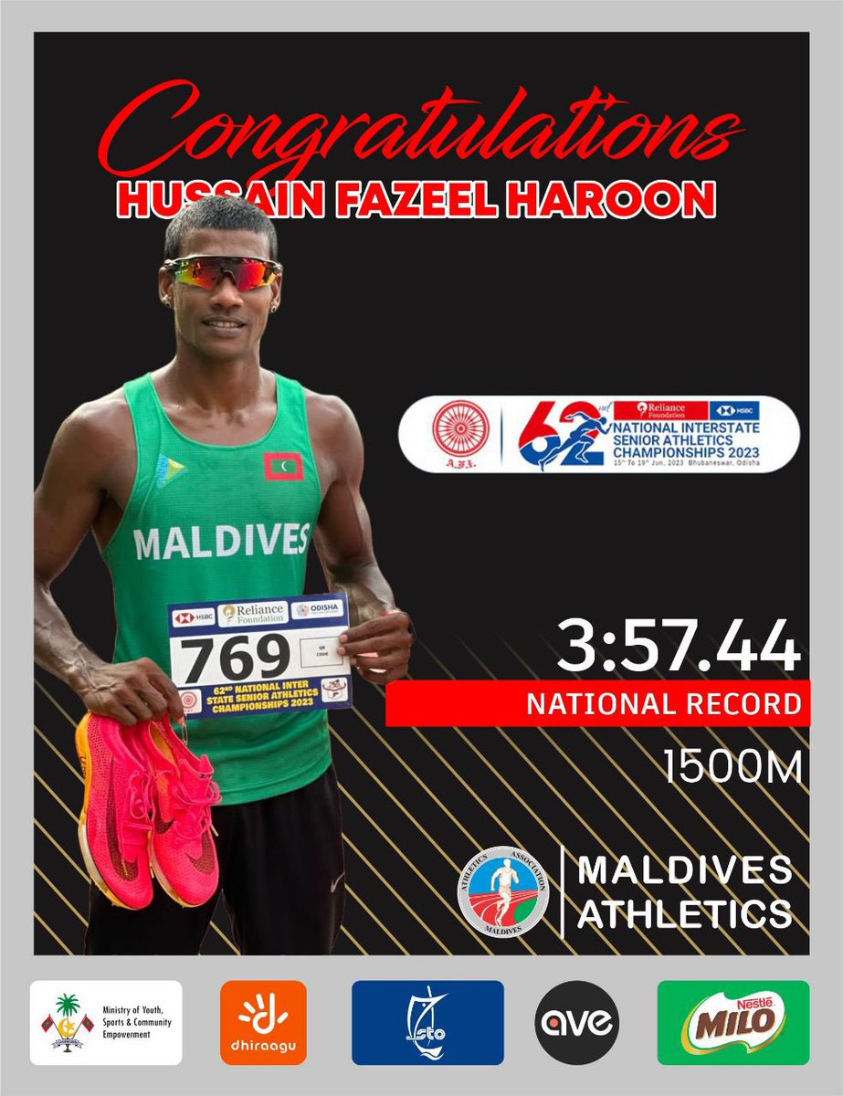 Congratulations <a href="/HussainFazeel12/">Flash</a> on breaking the 30 year old National Record of 1500m 
Fazeel's 3:57.44min beats 4:00.06min the 30year old record made by Hussain Riyaz on 1993 SA Games held in Bangladesh
<a href="/AthleticsMv/">Athletics Association of Maldives</a> @MoYSCEmv <a href="/olympicmv/">Maldives Olympic Committee</a>