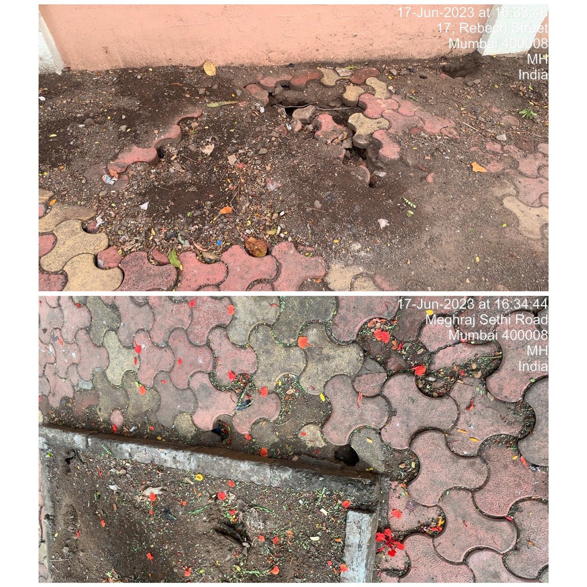 MCAALM1's tweet photo. @mybmcWardE @MybmcIO 
requesting Maintenance Dept to remove, level the base &amp; refix the paver blocks as multiple patches are uneven(can cause injury).PCO is requested for regular Rodent treatment(holes can be seen). Location: pavement outside Baug E Rehmat CHS, Meghraj Sethi Marg https://t.co/JODVAcwQV5
