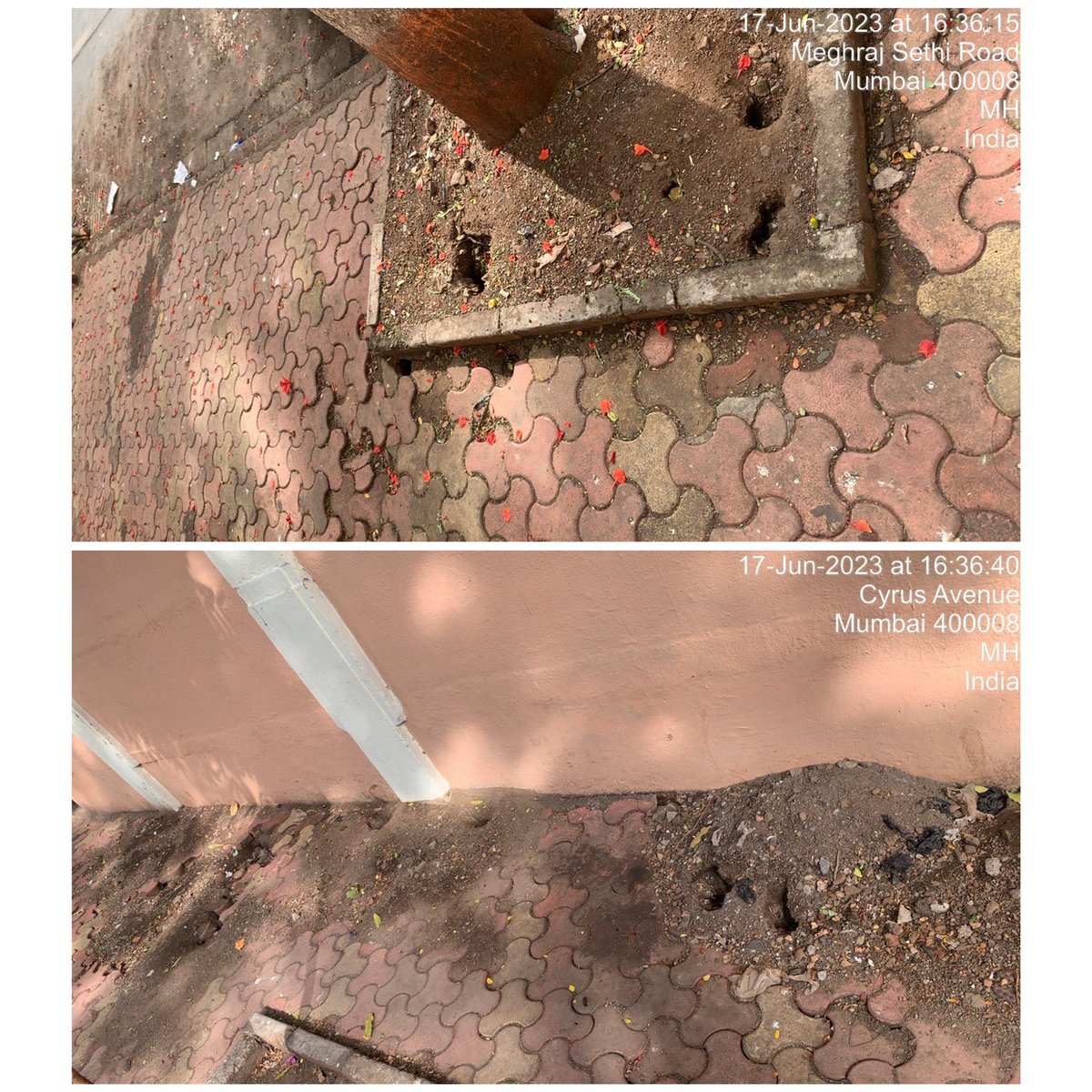 MCAALM1's tweet photo. @mybmcWardE @MybmcIO 
requesting Maintenance Dept to remove, level the base &amp; refix the paver blocks as multiple patches are uneven(can cause injury).PCO is requested for regular Rodent treatment(holes can be seen). Location: pavement outside Baug E Rehmat CHS, Meghraj Sethi Marg https://t.co/JODVAcwQV5