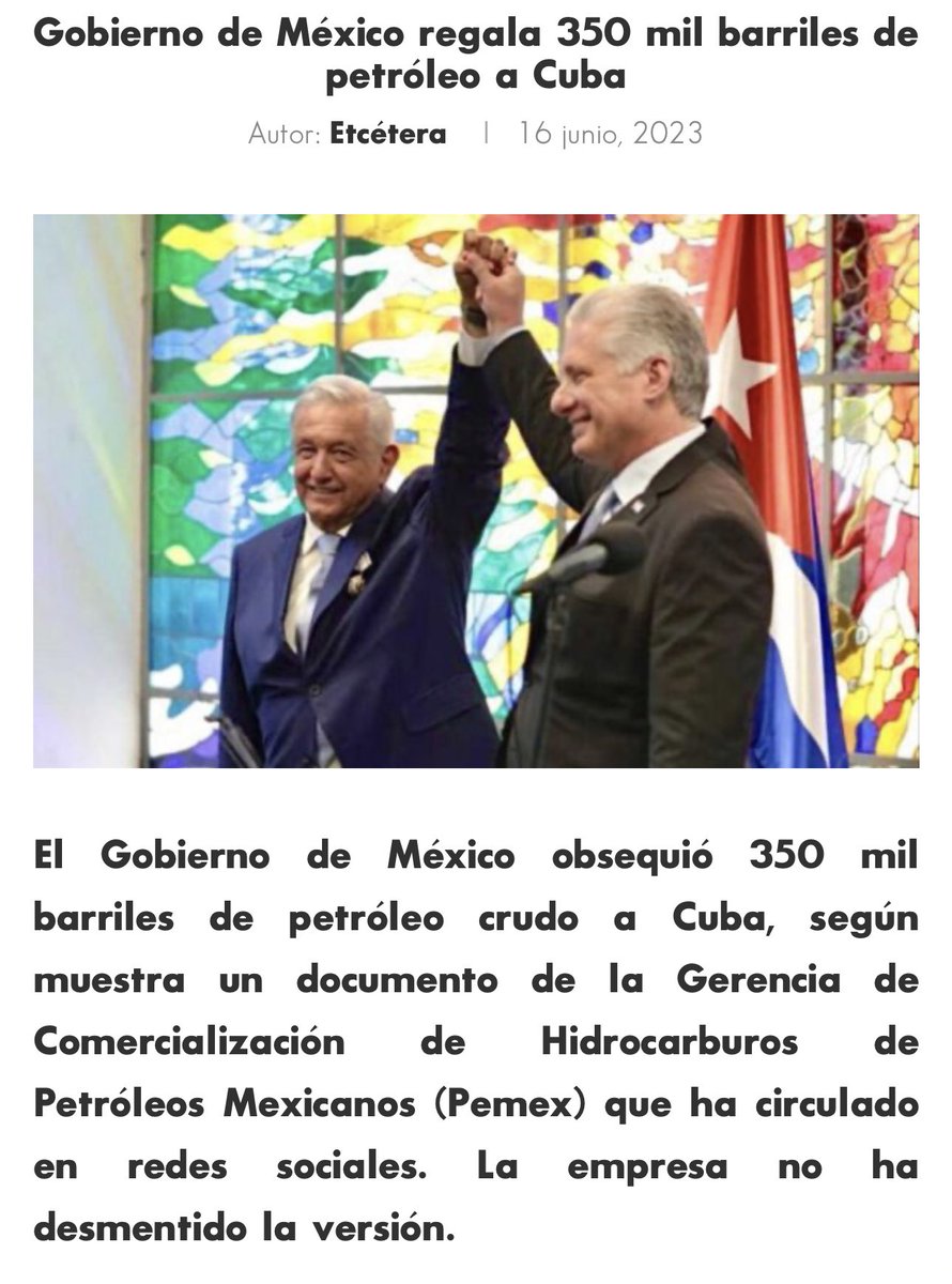 Mientras que @lopezobrador_ tiene a los mexicanos sin medicinas 

Gobierno de México regala 350 mil barriles de petróleo a Cuba

Según cálculos sobre el costo de la donación, 365 mil barriles de petróleo crudo Istmo a unos 65 dólares por barril, con esa moneda a 17.20 pesos,…