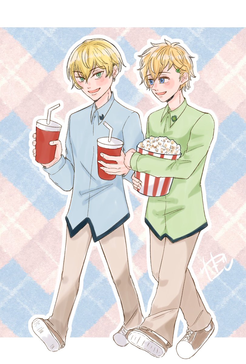 popcorn 2boys multiple boys blonde hair male focus blue eyes shirt  illustration images