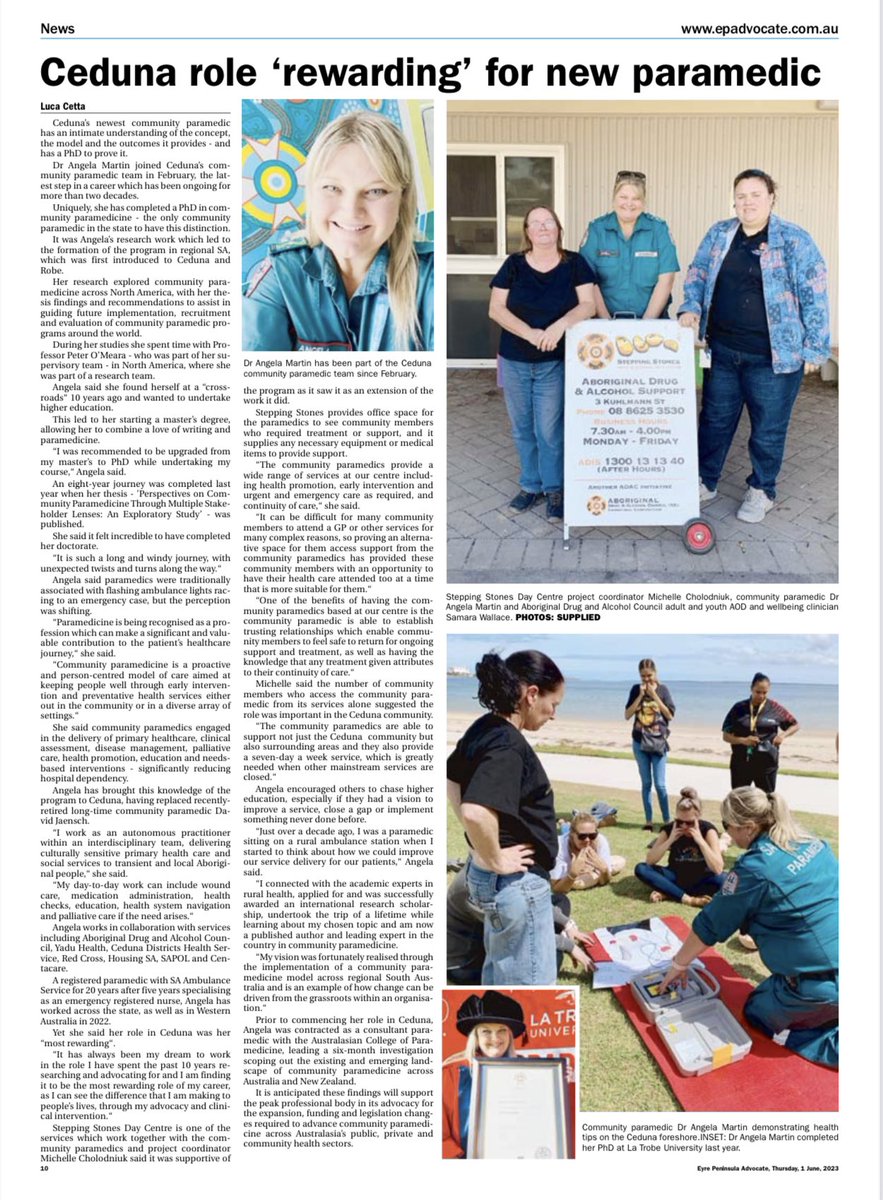 Dr Angela Martin (@dr_angmartin) on Twitter photo A snapshot of my Community Paramedic role on the Eyre Peninsula. #communityparamedicine #PHC #earlyintervention #SAambulance A snapshot of my Community Paramedic role on the Eyre Peninsula. #communityparamedicine #PHC #earlyintervention #SAambulance