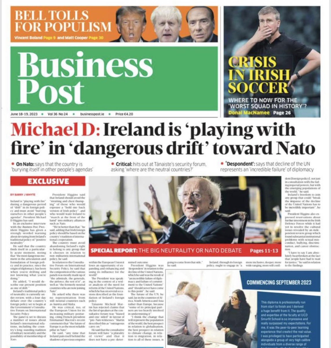 'Cometh the hour, Cometh the man'. At last the voice of reason that can't be ignored, calling  out the danger of @MichealMartinTD crusade to overthrow our #Neutrality. Time for an honest conversation. Irish, Neutral & Proud of It... Well done @PresidentIRL