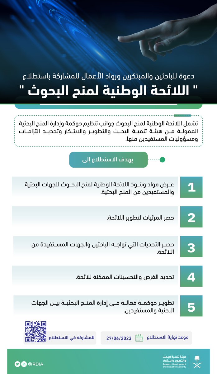 SaudiRDI's tweet photo. هيئة #الابتكار تدعو الباحثين والمبتكرين ورواد الأعمال للمشاركة في استطلاع "اللائحة الوطنية لمنح البحوث" لمناقشة جوانب تنظيم حوكمة وإدارة المنح البحثية الممولة من الهيئة وتحديد التزامات ومسؤوليات المستفيدين منها.

للمشاركة في الاستطلاع:
https://t.co/ZiaPiN7etX https://t.co/ce6SHy0Eop
