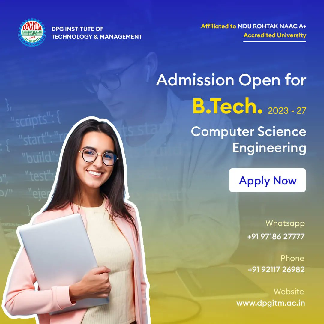 The B.Tech. in #ComputerScienceEngineering offered by #DPGITM presents a remarkable opportunity for individuals seeking to elevate themselves in the field of #computerscience. Applications for the B.Tech. CSE are now open: dpgitm.ac.in