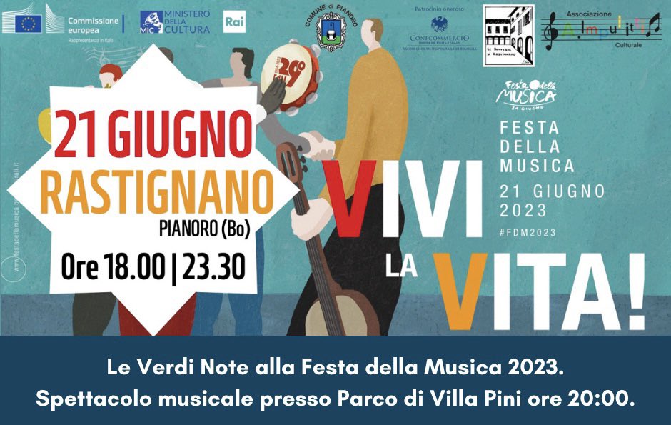 verdinote's tweet photo. LE VERDI NOTE ALLA FESTA DELLA MUSICA 2023
Vi aspettiamo Mercoledì 21 giugno a Rastignano, Pianoro (BO) 🤩 Lo spettacolo avrà inizio alle 20:00 presso il Parco di Villa Pini nella giornata internazionale della musica 🥳
#VerdiNote #FDM2023 #CoroAntoniano #Antoniano https://t.co/8TucNM82MX