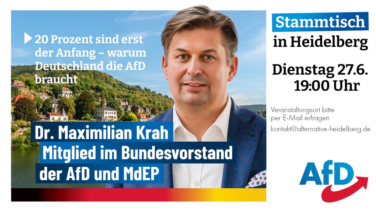 Am Dienstag, den 27.6 findet unser nächster Stammtisch in  #Heidelberg statt. @KrahMax ist mit einem Vortrag zum Thema '20 Prozent sind erst der Anfang – warum Deutschland die #AfD braucht' zu Gast. Bei Interesse den Veranstaltungsort bitte per E-Mail erfragen.