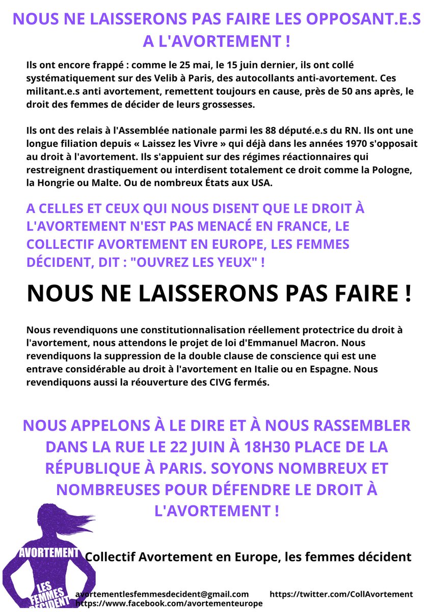 Face aux anti-#avortement qui rêvent  de nous priver de décider nous-mêmes de nos grossesses et le disent sur des @Velib, notre Collectif appelle à un rassemblement jeudi 22 juin à 18h30 place de la République à Paris.