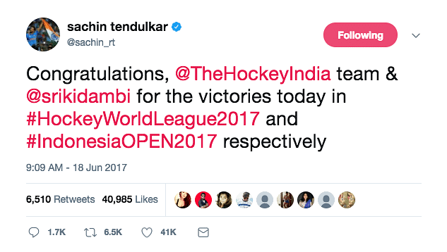 pacrisen's tweet image. Sachin Tendulkar tweeting about hockey after having spent the entire day at a cricket match