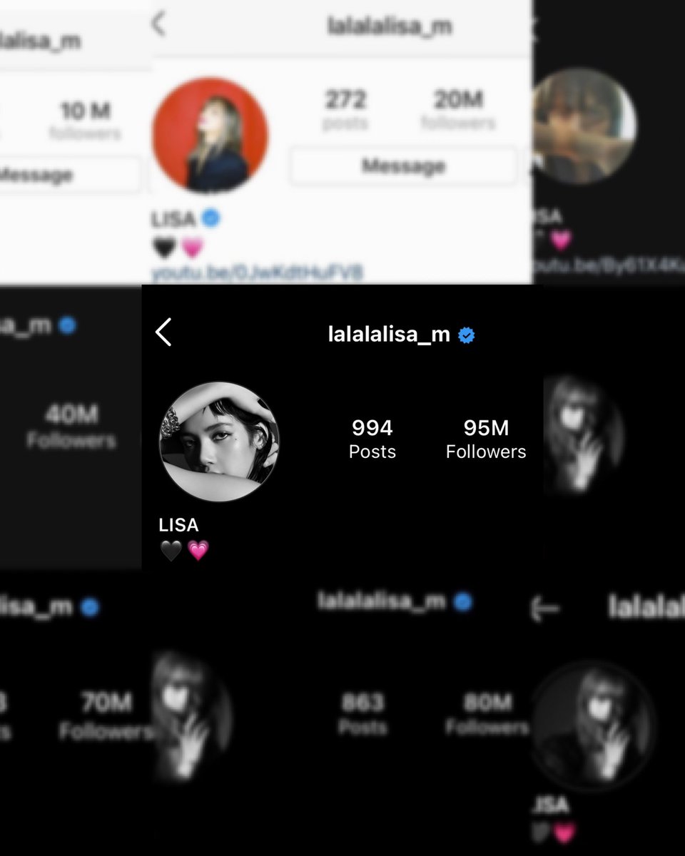 lalalalisa_m IG Followers:

10M - 19/11/2018
20M - 28/05/2019
30M - 09/03/2020
40M - 04/10/2020
50M - 10/04/2021
60M - 19/09/2021
70M - 19/12/2021
80M - 12/07/2022
90M - 13/03/2023
95M - 18/06/2023

블랙핑크 리사 
CONGRATULATIONS LALISA
#LISA95MPARTY