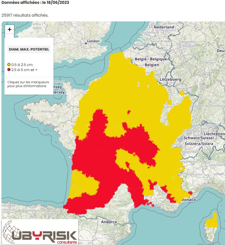 Le risque de forts orages de grêle sera maximal pour de nombreuses régions aujourd'hui. Notre outil Grêle Warning indique que près de 26 000 communes pourront POTENTIELLEMENT connaître des chutes grêle (dont 7850 > 2,5 cm). #grele #orages 

catnat.net/veille-catastr…