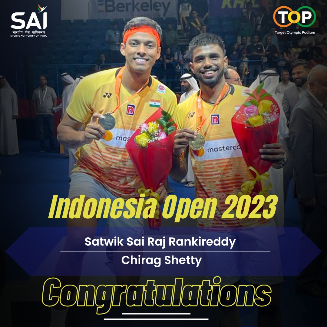 SAT-CHI, the History Makers 🥳

The duo finished #IndonesiaOpen2023 in style after beating ruling world champions, 🇲🇾's Chia & Soh 21-17 & 21-18 in the Dream Final match 🥳

Many congratulations to both the CHAMPIONS 🥳👏@satwiksairaj @Shettychirag04