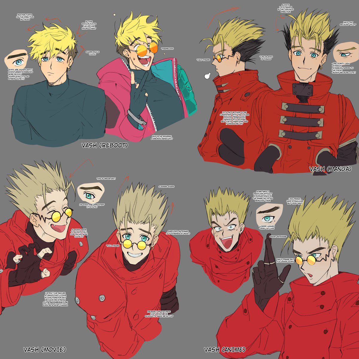 Honestly this account was supposed to be an underground stash for my doodles until I drew and made notes of all 4 versions of Vash the Stampede (like the maniac that I am)