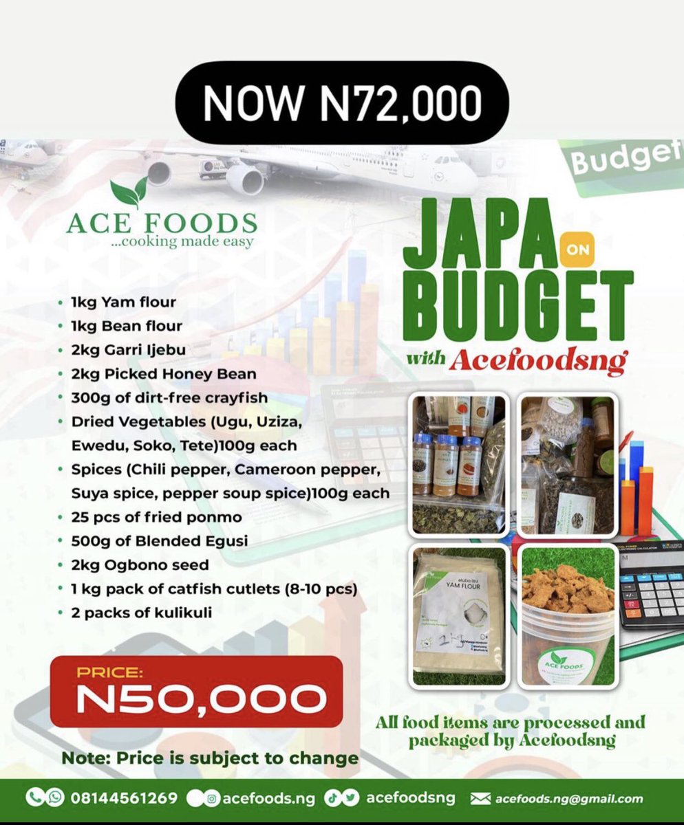 Oluomoofderby's tweet photo. At @AceFoodsng we help people traveling out of the country
curate budget friendly food items to travel with.

These are our curated budget that can guide you on what you need and which to pick from our "Japa on Budget" new price package.

Also for people outside the country, we can ship your favorite food items/farm produce to your doorstep.

Without breaking the bank in order to get your favourite food items anywhere you are, just reach out to us with your selected budget/list and let's create a package for you.

We have 👇
50k package now 72k
120k package now 138k
180k package now 240k
And 220k package is now 303k

How To Order:
Send us a dm or click the link in the bio to chat with us on WhatsApp for fast response