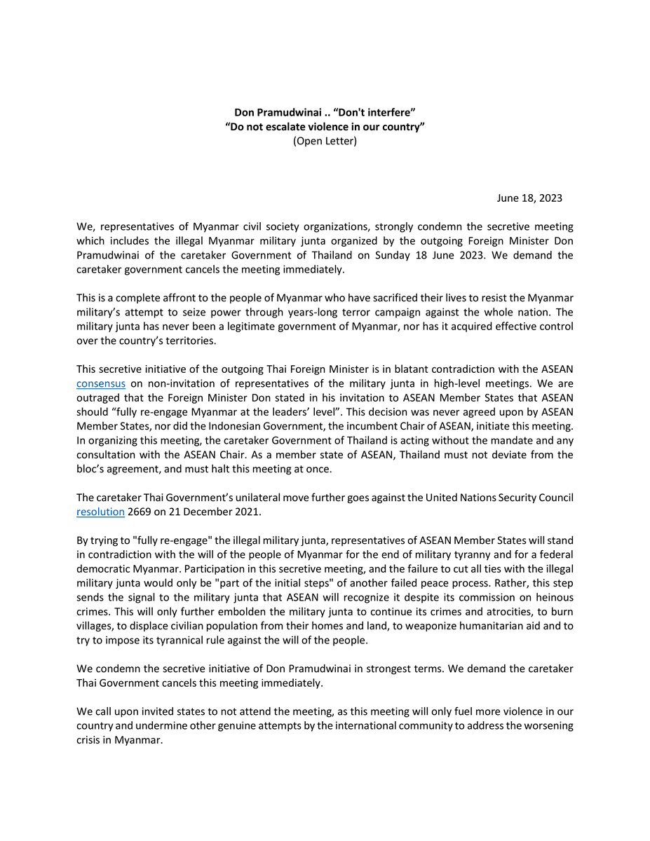 SpecialCouncil's tweet photo. Myanmar CSOs strongly condemn Sunday's secretive meeting w/ illegal #Myanmar junta organised by outgoing Thai FM.

Meeting is "complete affront" to the Myanmar ppl &amp; blatantly contradicts #ASEAN consensus on ban of junta reps at high-level meetings.
PR: https://t.co/Oul5we7OzA https://t.co/9jWboW7dG5