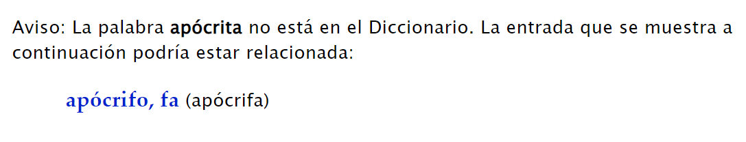 f51lv10's tweet photo. ¡Buen Día!
¿No sería correcto que esté la definición de "apócrito/ta"?
Mi comentario se basa en que no sólo no está la definición sino que, además, la sugerencia que se muestra a continuación podría generar confusiones...

https://t.co/MrxOxqNbVw https://t.co/K4TcnSuGDh