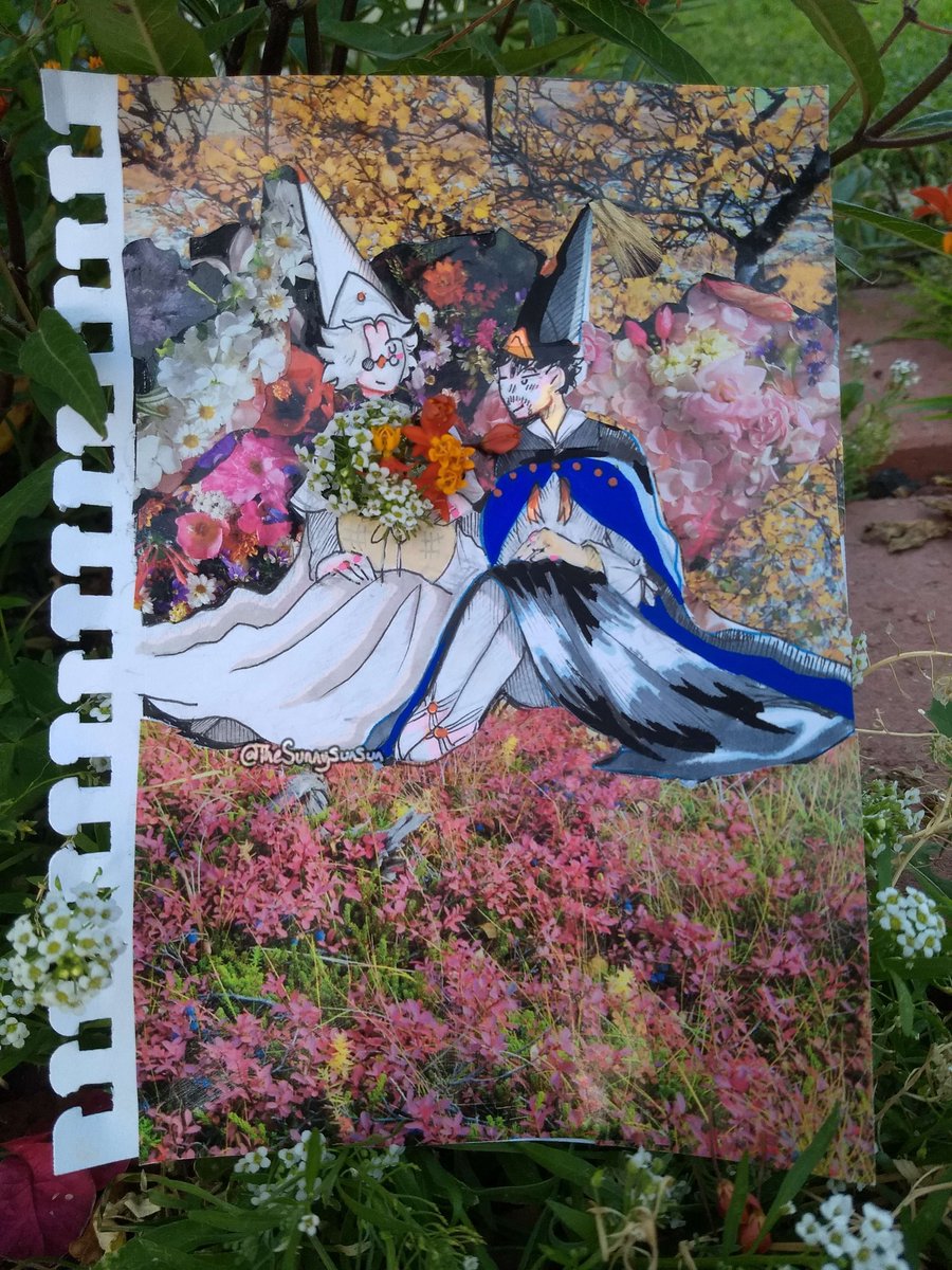 thesunnysunsun's tweet photo. Orufrey week- "flowers/foraging" 
#witchhatatelier #orufreyweek2023 #Δ帽子 #artmoots #mixedmedia #traditionalart #collageart 

I started off not liking it 
and ended up really enjoying the finished artwork :D
🌻💐🌹
I've never tried collage before so this was pretty fun https://t.co/Yxsh3sjvcO