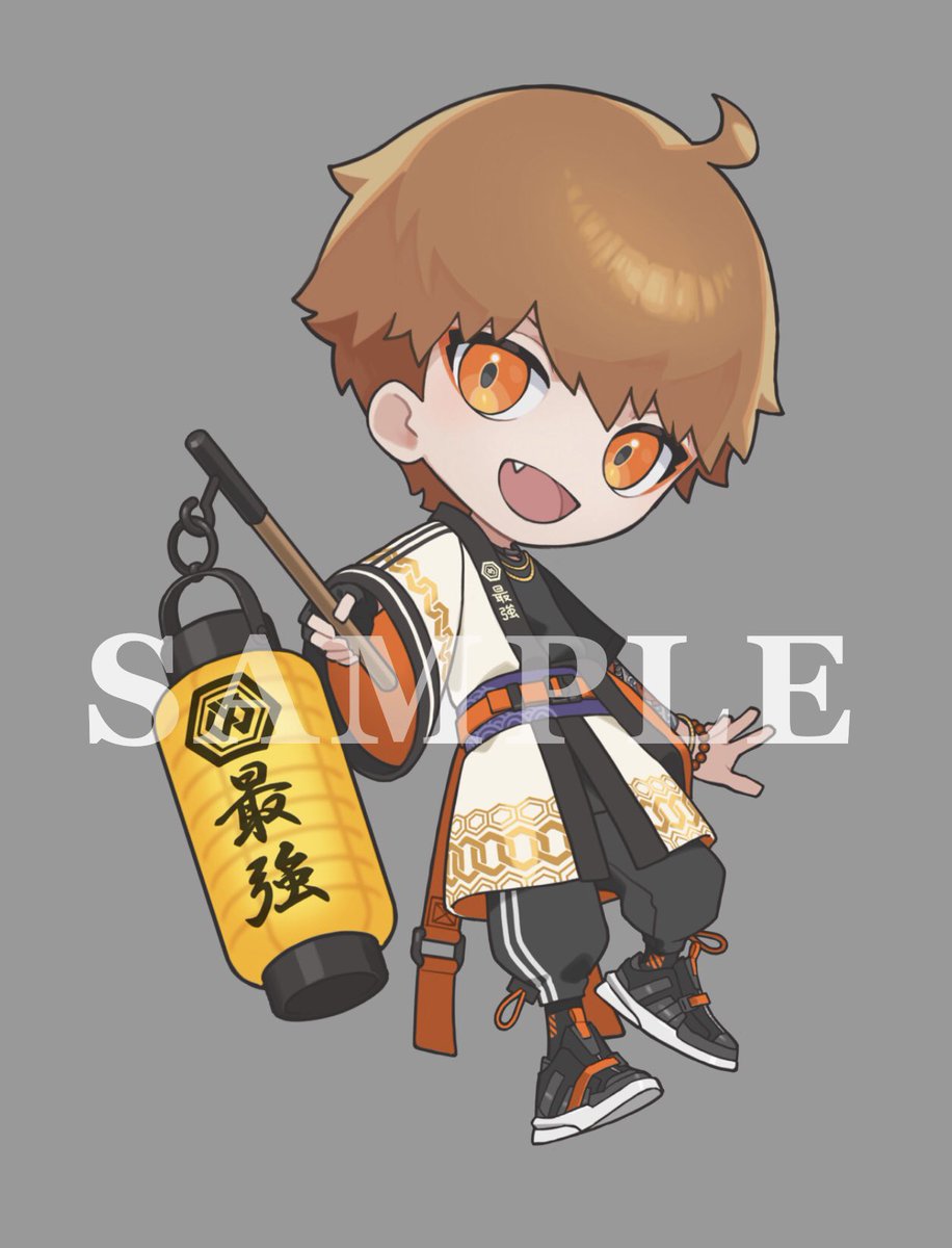 sample watermark 1boy male focus solo brown hair chibi grey background  illustration images