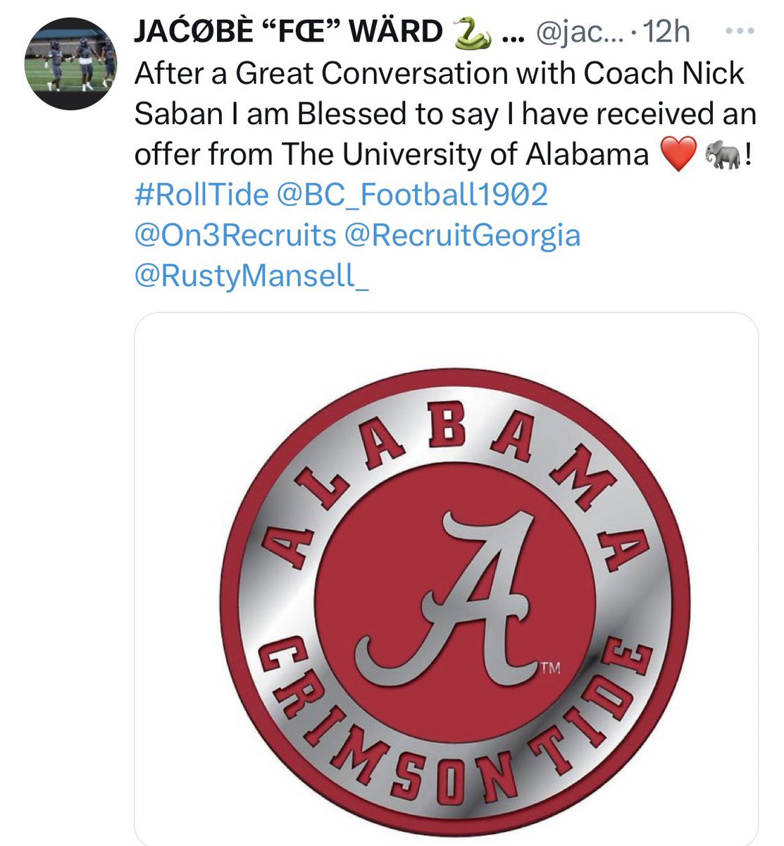 Congratulations to Benedictine Military School’s Jacobe Ward, who has received a college scholarship offer from Coach Nick Saban and the University of Alabama Crimson Tide to continue his academic and athletic (football) career! #thebc400 #NextLevelBC #Savannah @jacobe_ward