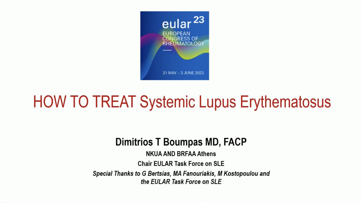 📣 Exciting insights from Dimitrios Boumpas's keynote at #EULAR2023! 💊 HOT: How to Treat: Systemic Lupus Erythematosus (#SLE). 🧵