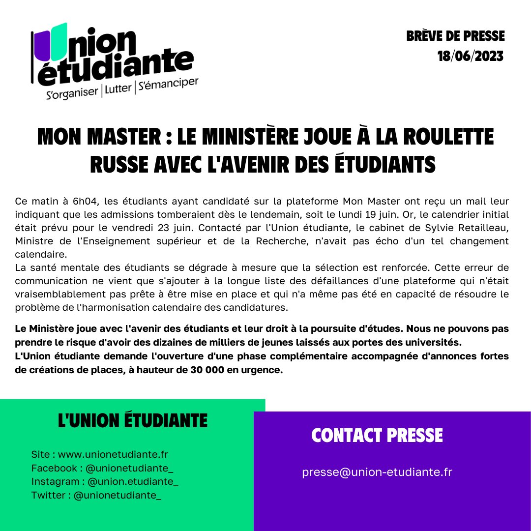 🔴 MON MASTER

Le MESR confirme une erreur quant aux dates annoncées ce matin à l'ensemble des candidat•es.

Cette erreur est grave et renforce le stress et la sélection subis par les étudiant•es.

Nous exigeons une création massive de places et une phase complémentaire.