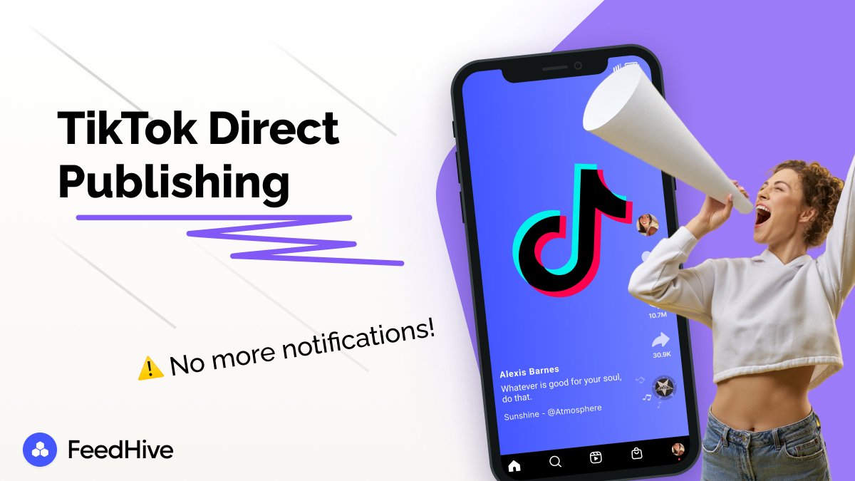 📲 Direct TikTok Publishing
Biiig news for TikTok Creators &amp; Marketers 🤩

You can now schedule and publish videos on TikTok directly from FeedHive!

❌ No more notifications &amp; publishing manually.
✅ Schedule your TikTok and let FeedHive handle the rest.