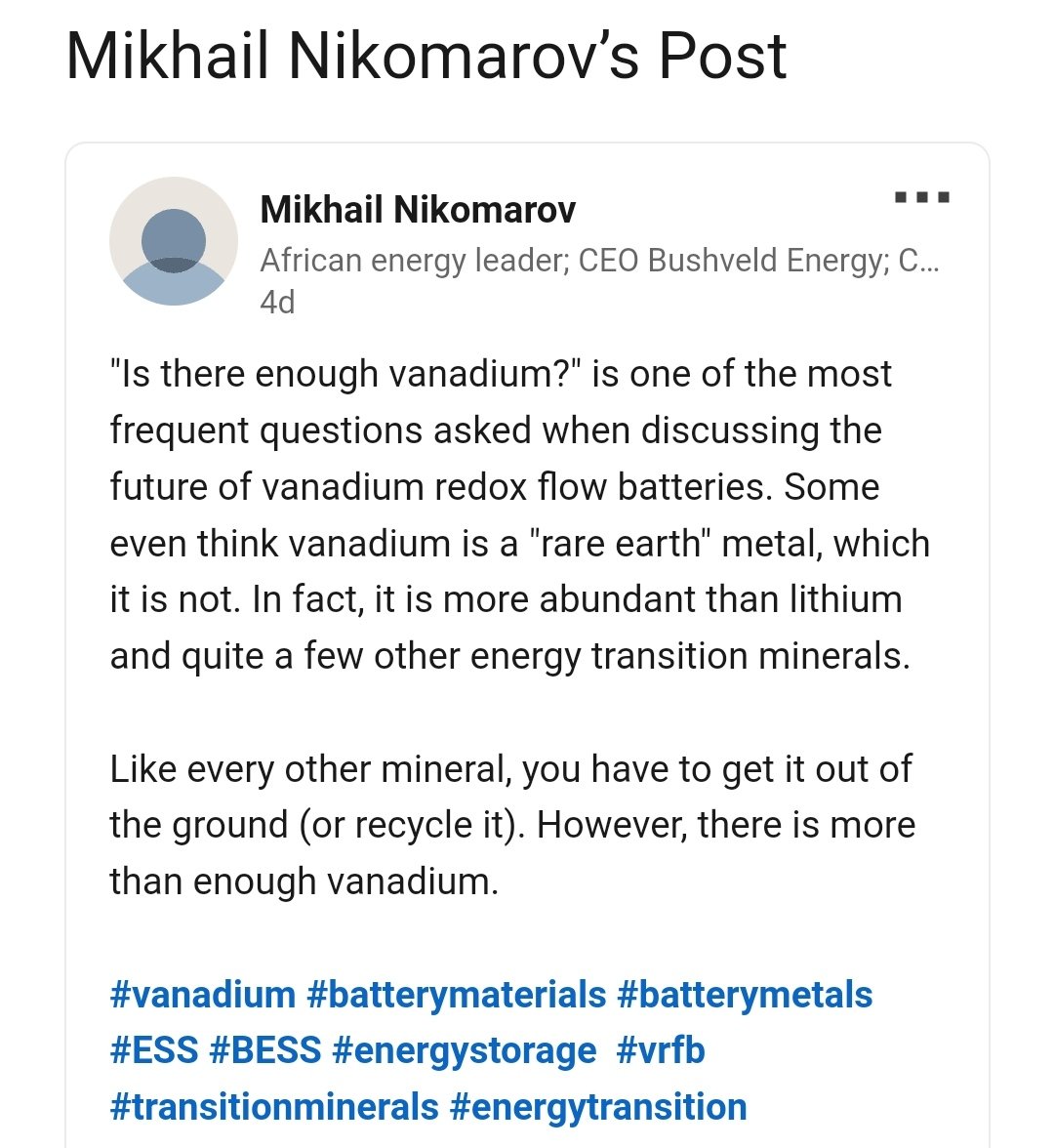 Battery storage set to increase massively miners are absolutely crucial in the supply chain.

Bushveld Minerals Ltd #BMN owns 2 of the WORLD’S 4 operating primary vanadium processing facilities and their Vanadium electrolyte plant (BELCO) opens soon
#VRFB

mining.com/subscribe-logi…