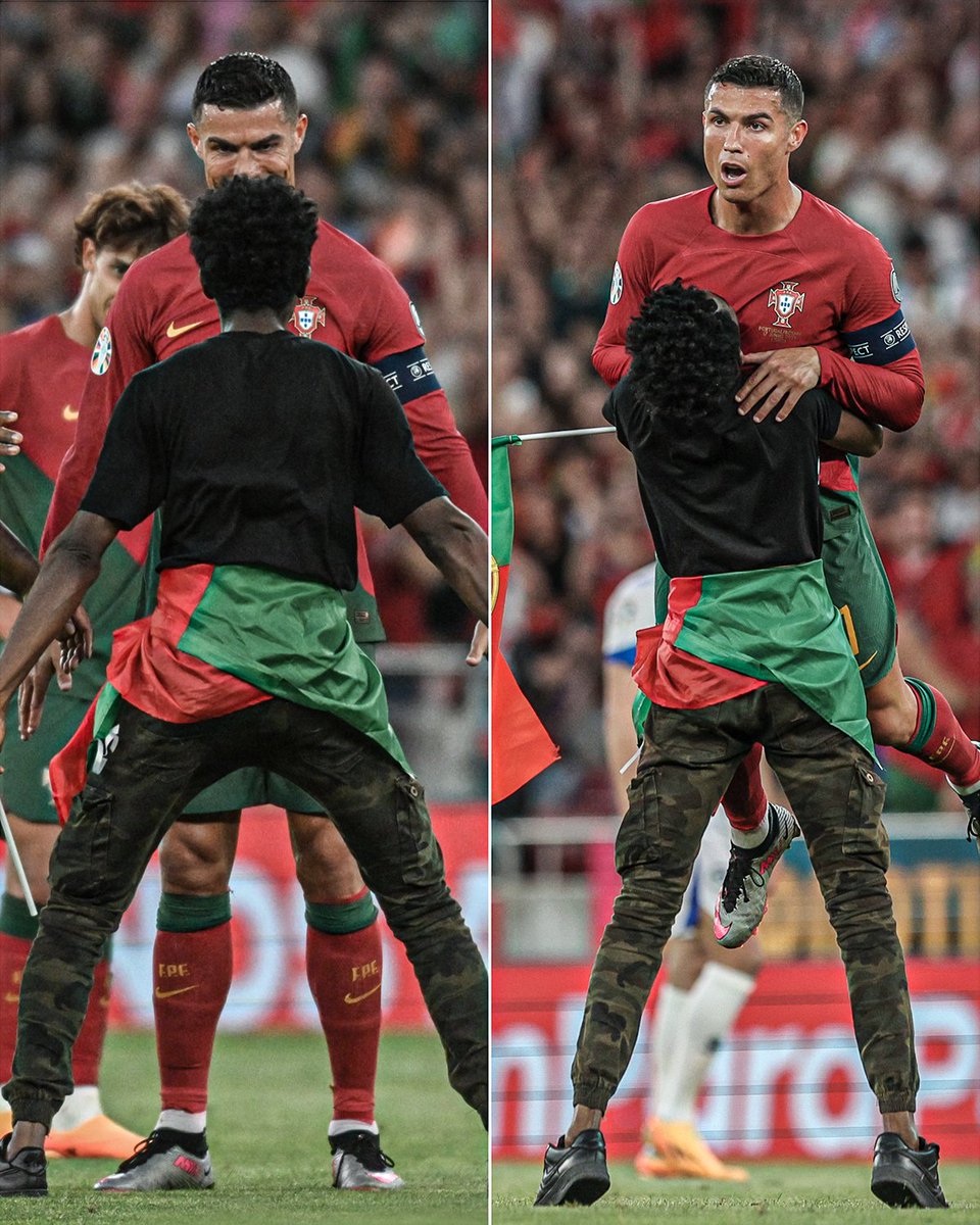 A pitch invader lifted Ronaldo and hit his 'SIU' celebration 😳