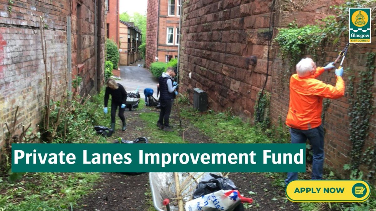 The Private Lane Improvement Fund will allow constituted groups to apply for £1000 to £20,000 for interventions which may address common issues identified in the private lane strategy. Find out more at:

glasgow.gov.uk/lanetoolkit?fb…