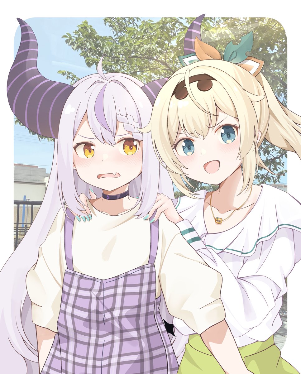 kazama iroha ,la+ darknesss multiple girls 2girls purple hair yellow eyes horns blonde hair streaked hair  illustration images