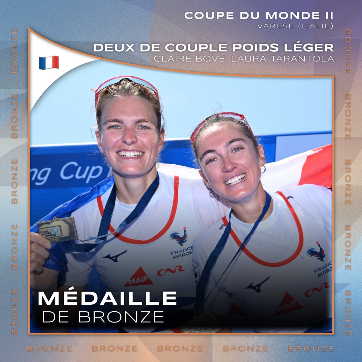 🥉 MÉDAILLE DE BRONZE pour le deux de couple poids léger ! 

Nos vice-championnes olympiques <a href="/ClaireBve/">Bové Claire • OLY •</a> et <a href="/TarantolaLaura/">Laura Tarantola</a> ne sont jamais bien loin d’un podium 😍

📸 Julia Kowacic
-----
#FranceAviron #WRCVarese #WorldRowingCup
<a href="/MAIF/">MAIF</a> <a href="/CNR_Officiel/">CNR</a> <a href="/MizunoFrance/">Mizuno France</a>