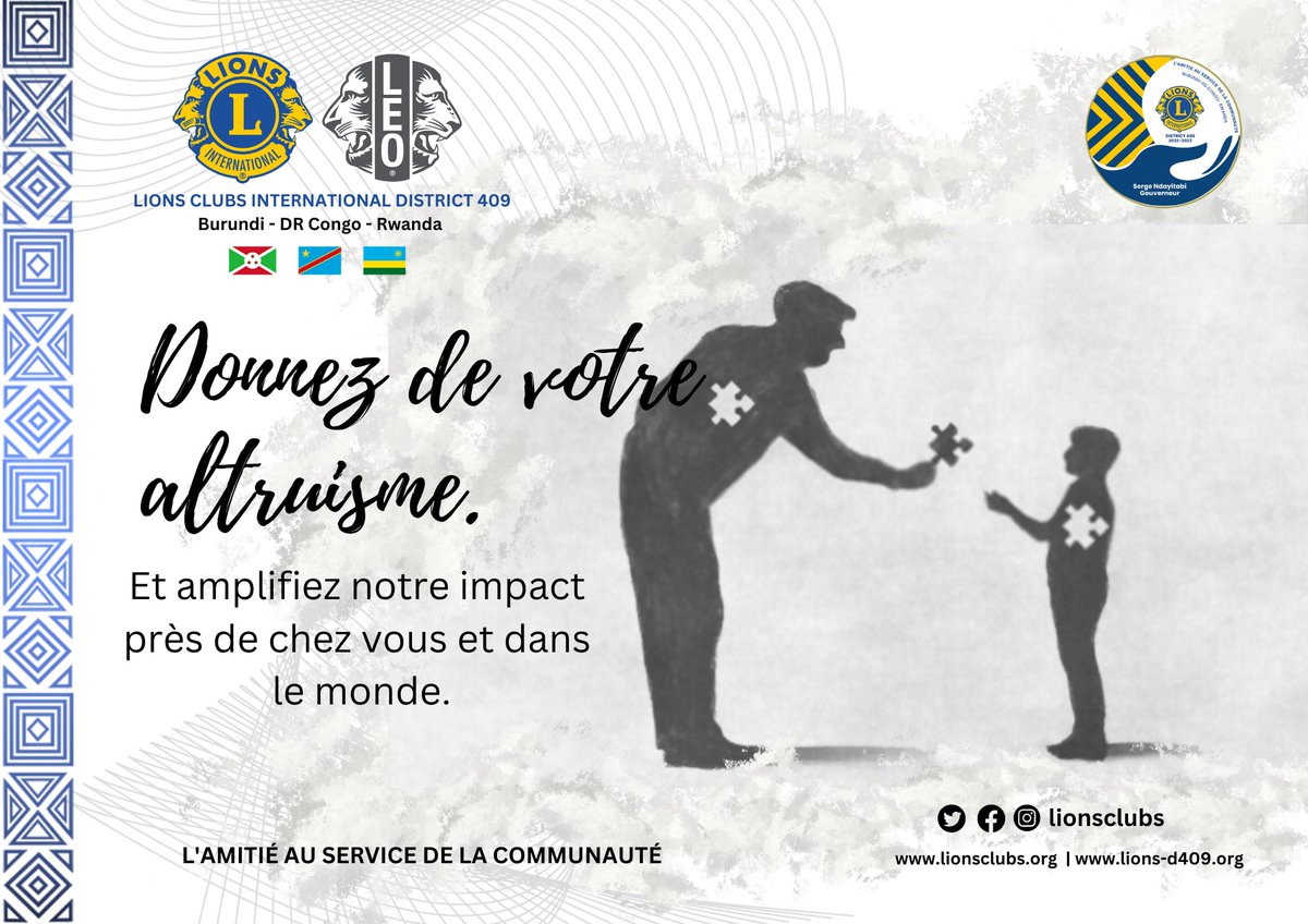 L'amitié au service de la communauté.
<a href="/LionsD409/">LIONS D409</a> <a href="/LionsClubBuja/">Lions Club Bujumbura Doyen</a> <a href="/LueursEspoir243/">LC Lueurs D’espoir KINSHASA</a> <a href="/LionsClubsParis/">Lions Clubs Paris</a> <a href="/lionsclubs/">Lions International</a>