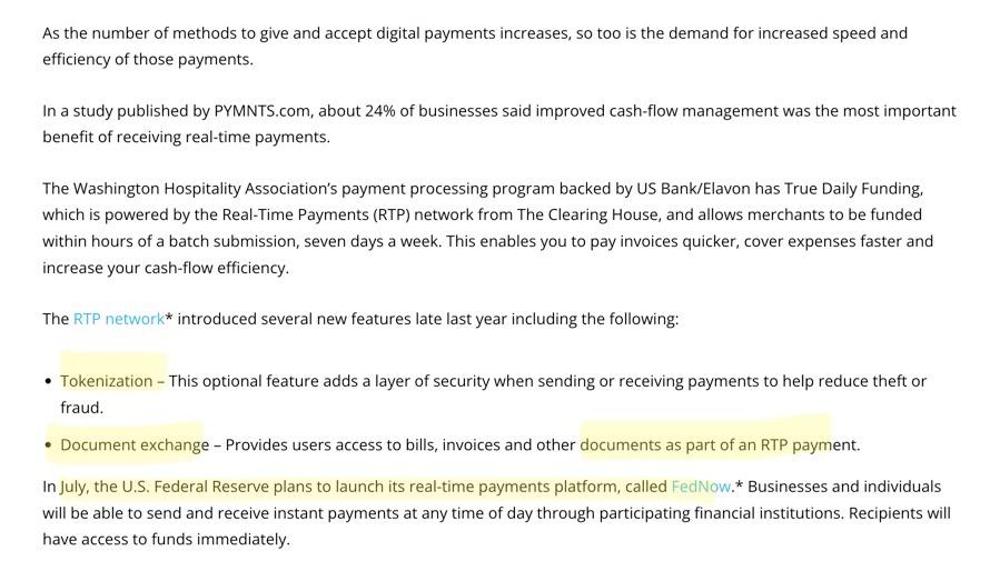 💥TOKENIZATION + DOCUMENT EXCHANGE AS PART OF A REAL TIME PAYMENT + FEDNOW💥