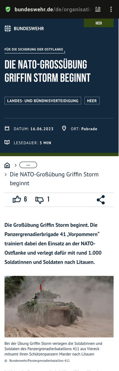 #NATO #Litauen #NatogroßÜbung
#Russland #RF #Ukraine #AirDefender23 #Bundeswehr
#Baltops2023 #GriffinStorm

NATO GROSSÜBUNG 
GRIFFIN STORM

AIR DEFENDER 23‼️ läuft
BALTOPS 2023‼️ beendet
GRIFFIN STORM ‼️beginnt

bundeswehr.de/de/organisatio…