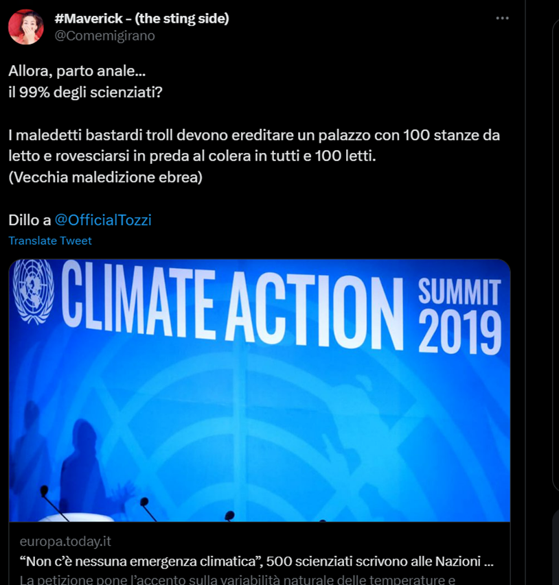 @Paroladilaura Solidarietà, per quel che può servire.
Anche Twitter è sempre più senza un minimo di controllo e filtro. 
Qui un profilo fake in risposta a un mio commento in cui facevo presente le emissioni di CO2 e il consenso scientifico.