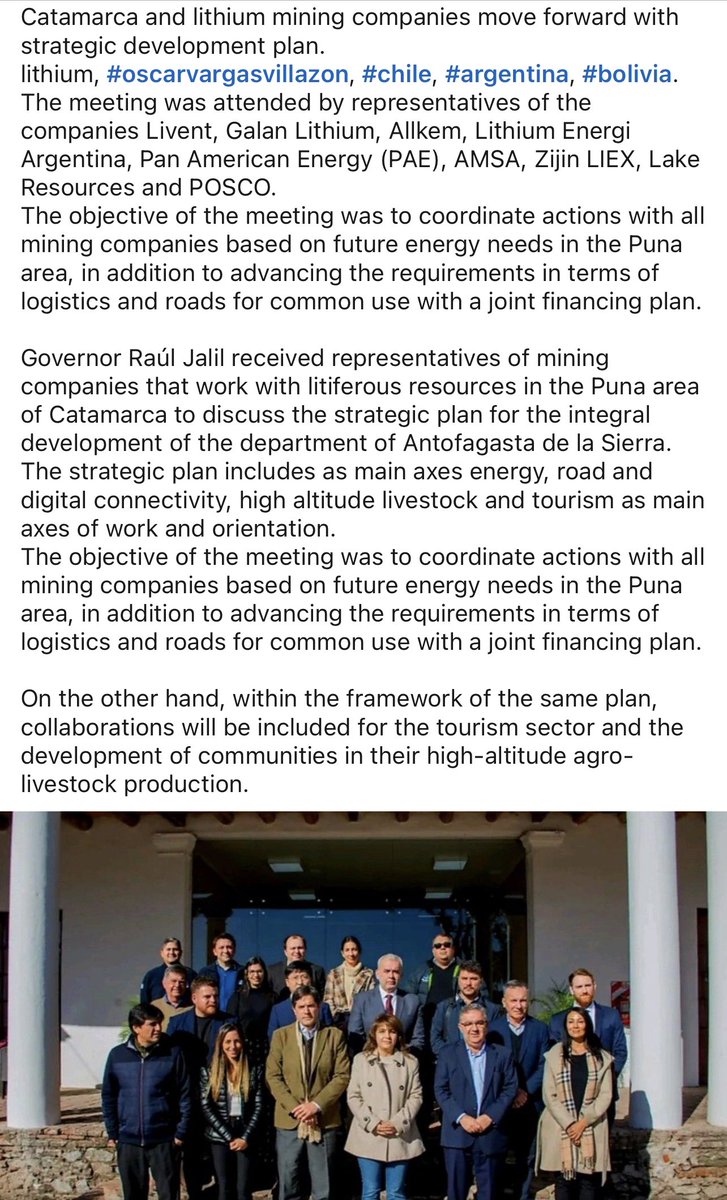 Catamarca and lithium mining companies move forward with strategic development plan. The meeting was attended by representatives of the companies @Livento, @Galan, @Allkem, @LithiumEnergy, Pan American Energy (PAE), AMSA, Zijin LIEX, @lake_resources and POSCO. $LKE