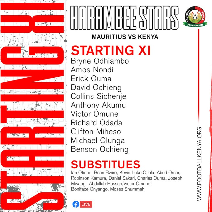 TEAM NEWS

Harambee Stars starting team to face Mauritius is here.

#Pepeta 
#HarambeeStars