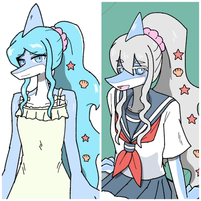 イルカ姫比較  髪を銀髪にして色のメリハリが目立つように、まつ毛が白色に変わったので、元より異生物感が出てると思います。  前のやつのデザインがまんまBNAのニナ(マジで一回間違えられた) だったので一からキャラメイクし直しました笑