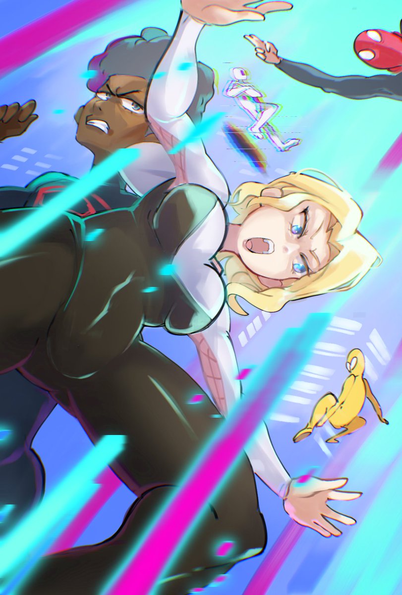 Mouxuu13's tweet photo. I recovered from drawing for a long time due to wrist pain.  From symptoms of gout attack. Today I come to fanart spiderman and gwen 😂
.
#fanart #SpiderManAcrossTheSpiderVerse #mouxuu https://t.co/JPxhbvpy7Y