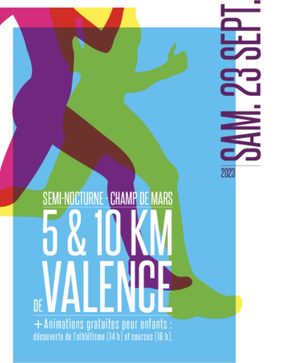 VilledeValence's tweet photo. La Ville organise les 5 & 10 Km de Valence le samedi 23 septembre prochain. Plus de 1 000 amateurs de course à pied ont participé à la première édition en 2022.
Les deux courses peuvent se faire en équipe (au moins 4 coureurs). Le temps des 4 premiers de chaque équipe sera retenu. 
Le parcours est une boucle de 5 km au départ du Champ de Mars. Le départ du 5 km est à 19 h et celui du 10 km est à 19 h 30. Pour vous inscrire en ligne, rendez-vous sur : https://t.co/Ev402RgxUa