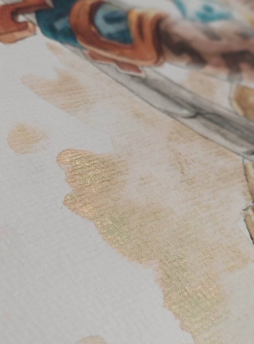 Da isser fertig der Link mit Aquarell. 

Finde die Outlines haben es am Ende nochmal richtig rausgerissen 💚 und die Perlglanzfarben auf Arm und Hintergrund sind auch nicht too much. 

#fanart #totk #Zelda #link #watercolor #ArtistOnTwitter