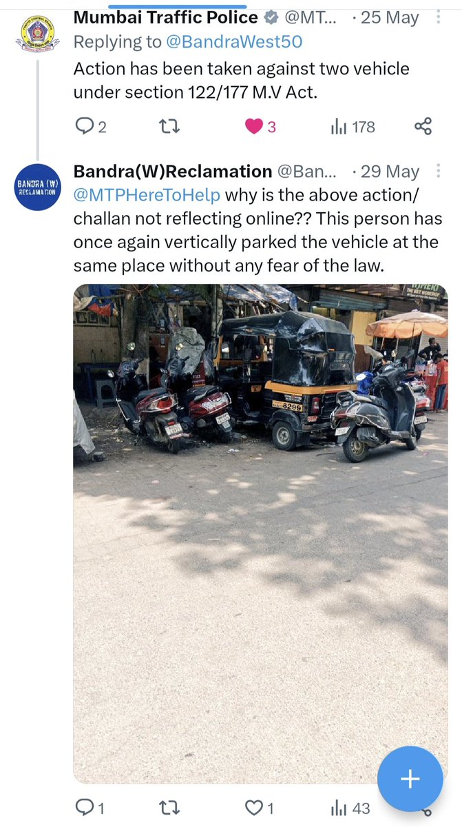 BandraWest50's tweet photo. @Peace3702733596 @MTPHereToHelp @rajarahebarkhan @neelimak86 @bandrabugger50 @PritiPalav @bandra Firstly check r past posts,action has been taken by @MTPHereToHelp on two rickshaws for vertically parking at the same spot,if you r the owner kindly hve the courtesy to move ur car which literally blocks part of the road and causes inconvenience to other senior citizens as well. https://t.co/W9cUcJ6n42