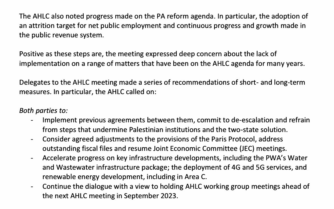Notes:

1. Cheap talk
2. What I am surprised about, is that Palestinians didn’t know about this secret JEC meeting, as Hussein Sheikh was to meet Kish & Smotrich administration tomorrow

Acc. to AHLC report from Brussels last month this was to be the first meeting in  a long time