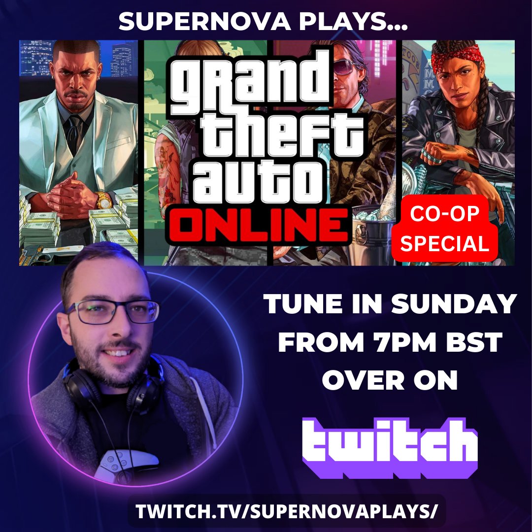 Join me and super mod Kianu_reeves123 this evening from 7pm BST where we'll be attempting to make our fortunes in Los Santos! Hope to see you there! twitch.tv/supernovaplays/ #twitchaffiliate #gtaonline #funnygaming #ukgamer #varietystreamer #smallstreamer #gamingfunny #twitch